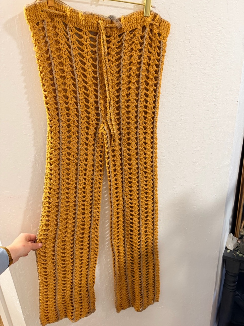 Handmade Mustard Crochet Wide-Leg Pants